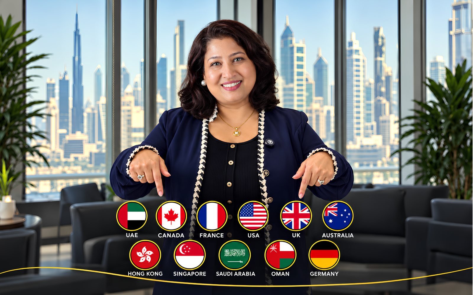 Rupa Jha pointing to the flags of the UAE, Canada, France, USA, UK, Australia, Hong Kong, Singapore, Saudi Arabia, Oman and Germany — Black Swan Business Setup Services