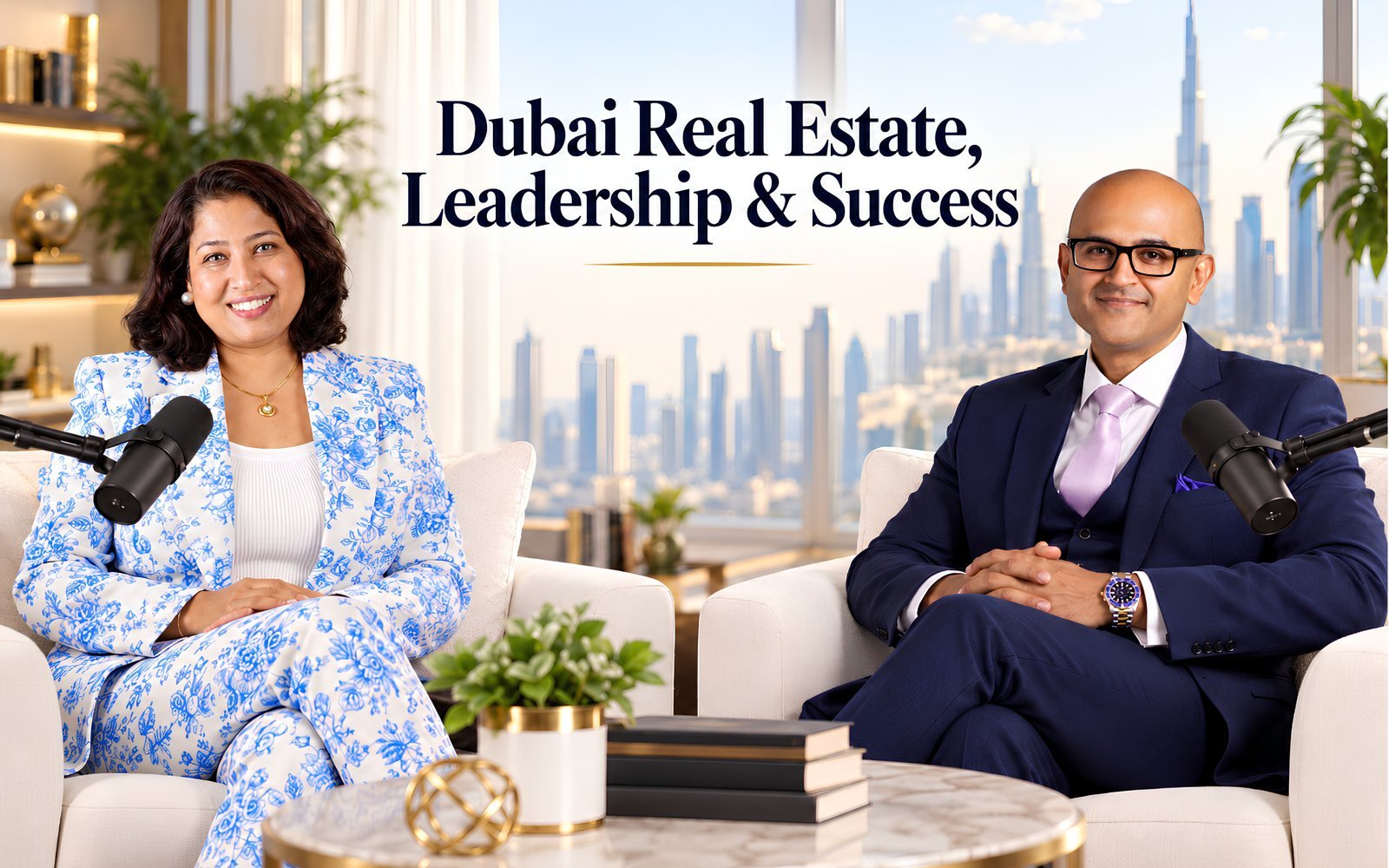 Rupa Jha recording The Business Blueprint podcast with a guest — Dubai Real Estate, Leadership and Success